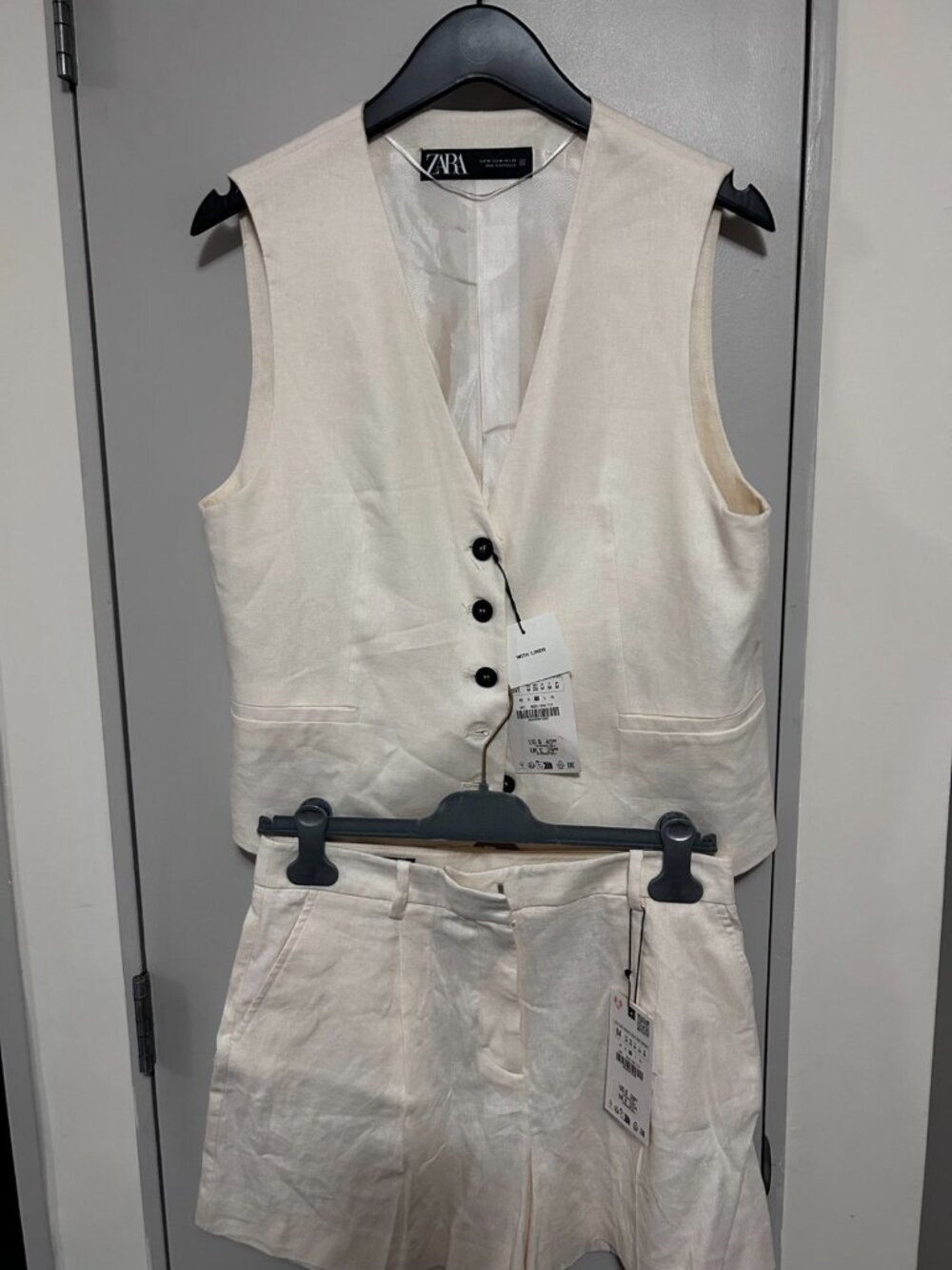 Zara Cream Linen 2Pc Set Button Vest + Pleated Shorts Women's M NWT